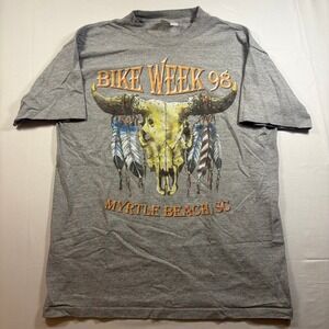 Vintage 1998 Myrtle Beach Bike Week T Shirt Mens L Street Wise Bull Skull Gray